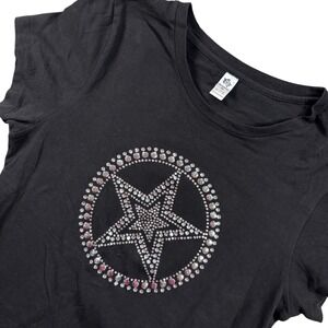 VTG Y2K Black Rhinestone Star Graphic Tee‎ Sz XL Grunge biker Grannycore Bling